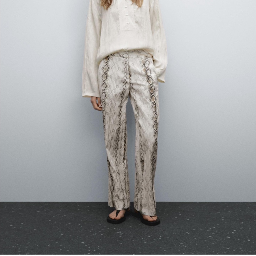 Massimo Dutti Cream Snake-Print Wide Leg Pants